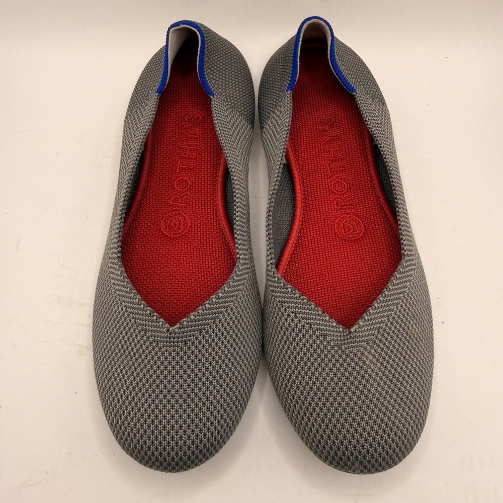 Rothy's The Flat Grey Knit Round Toe Flats Women Size 7 Blue Halo Red Insole